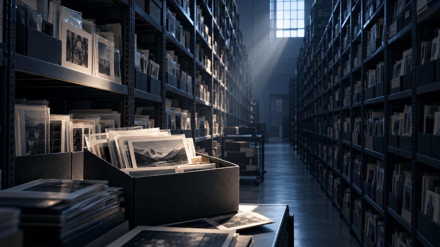 A dim, expansive photo archive storage room with rows of shelved negatives and prints, lit by a single shaft of light falling on an open archive box in the foreground.