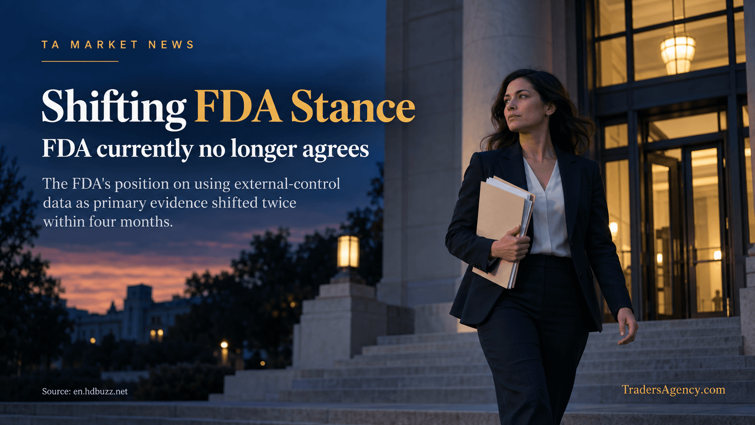 Illustration of a researcher leaving a government building at dusk, symbolizing the FDA's changed position on trial evidence requirements.