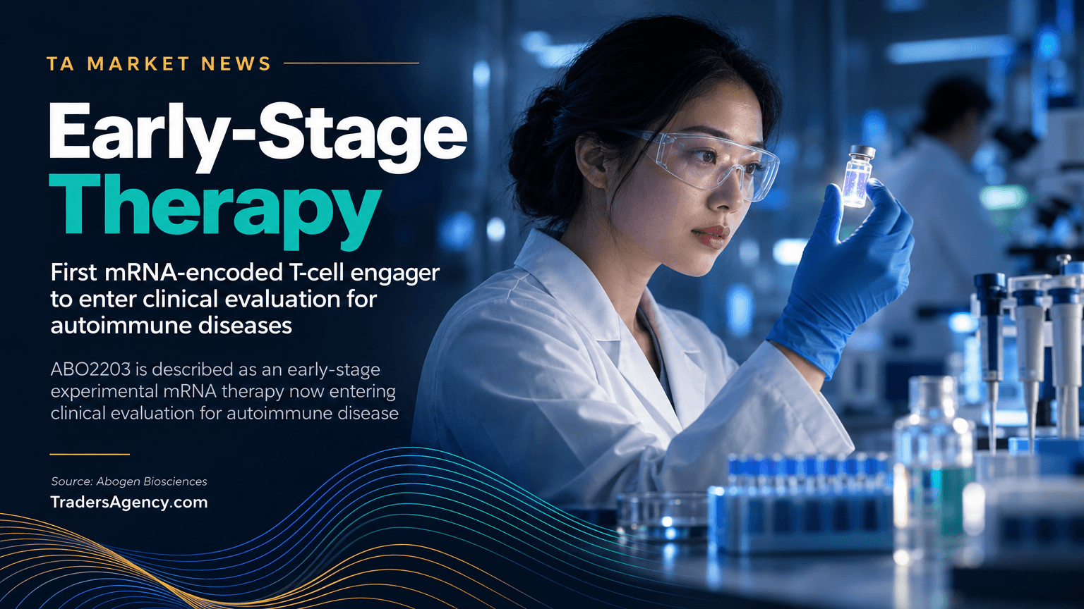 Illustration of a scientist examining a vial in a laboratory, representing early-stage clinical research on an mRNA-based autoimmune therapy.