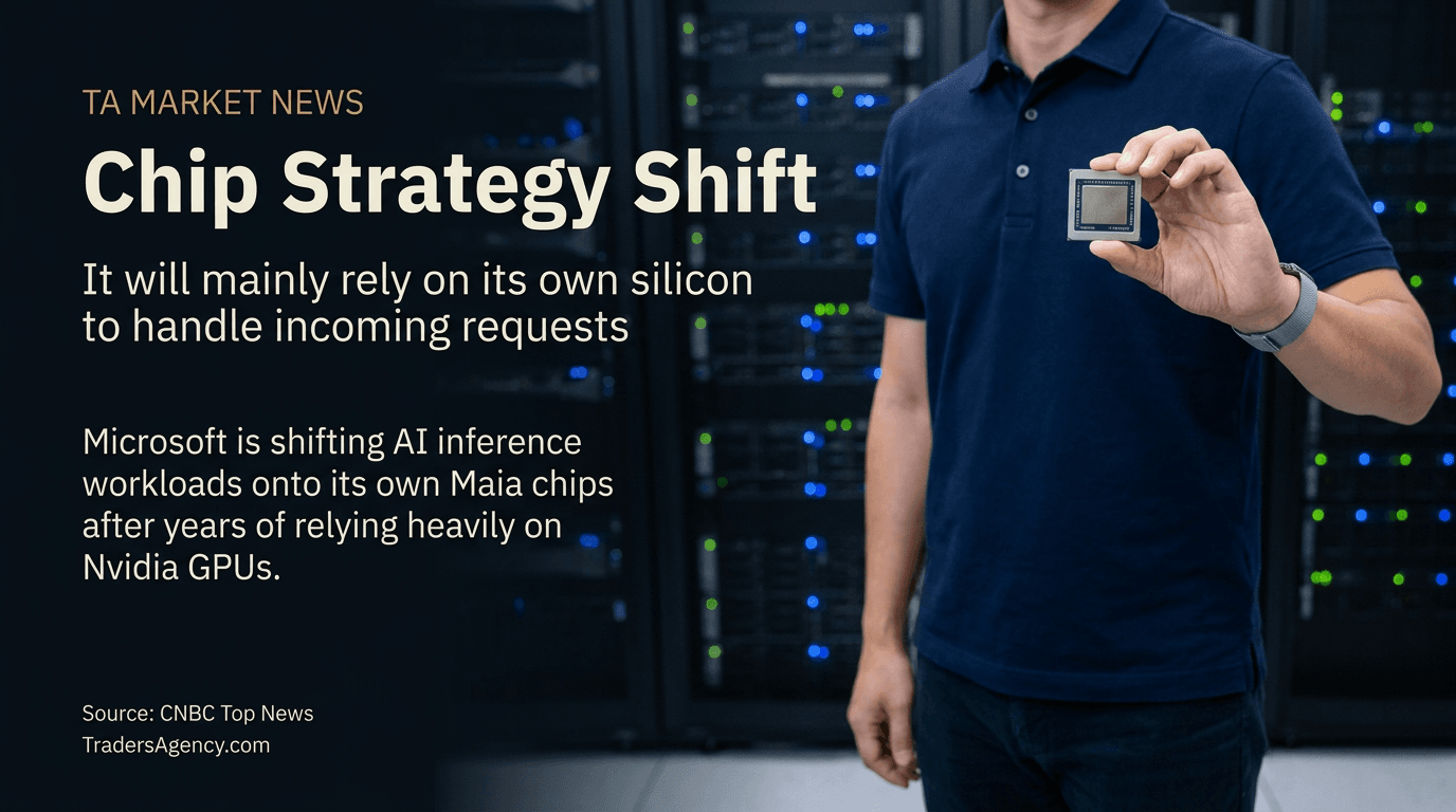 Illustration of an engineer examining a custom AI accelerator chip in a data center, symbolizing Microsoft's move to in-house inference silicon.