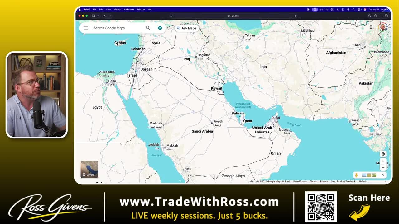 Google Maps view of the Middle East showing the Strait of Hormuz between Iran and the UAE, with surrounding countries including Saudi Arabia, Iraq, Kuwait, and Oman visible