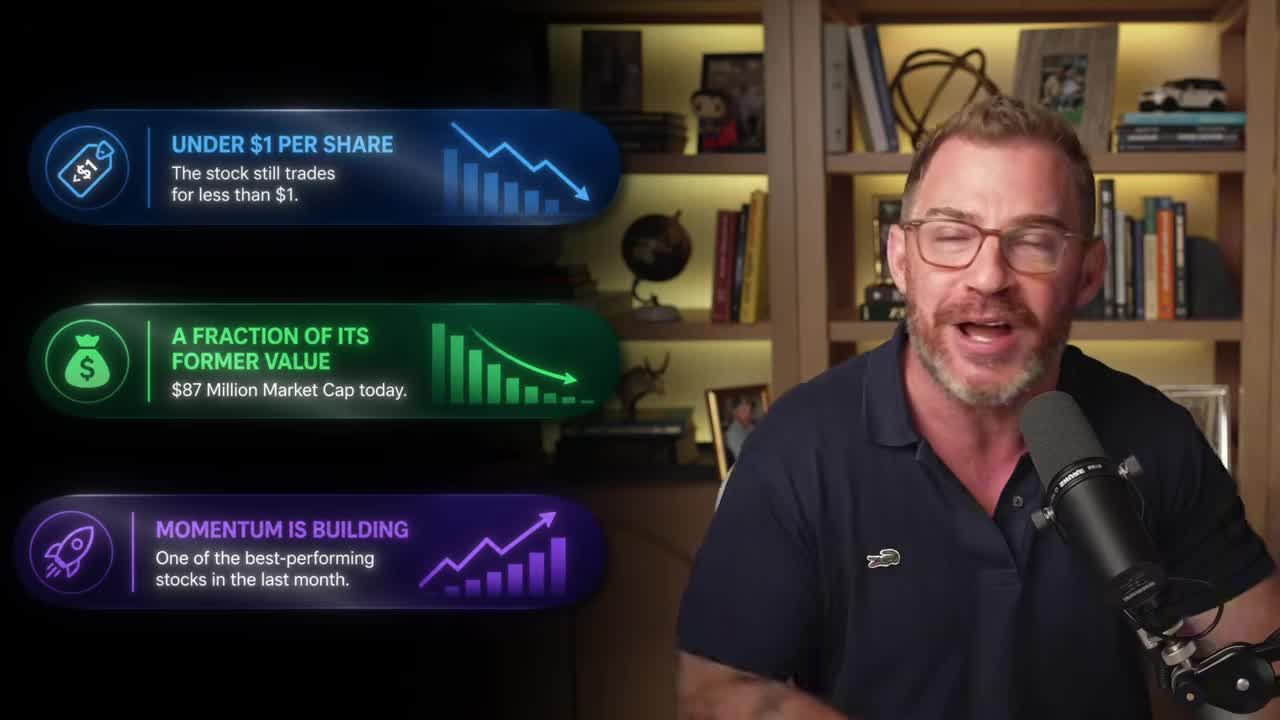 Infographic showing three key investment points: stock trades under $1 per share, $87 million market cap (a fraction of former value), and one of the best-performing stocks in the last month