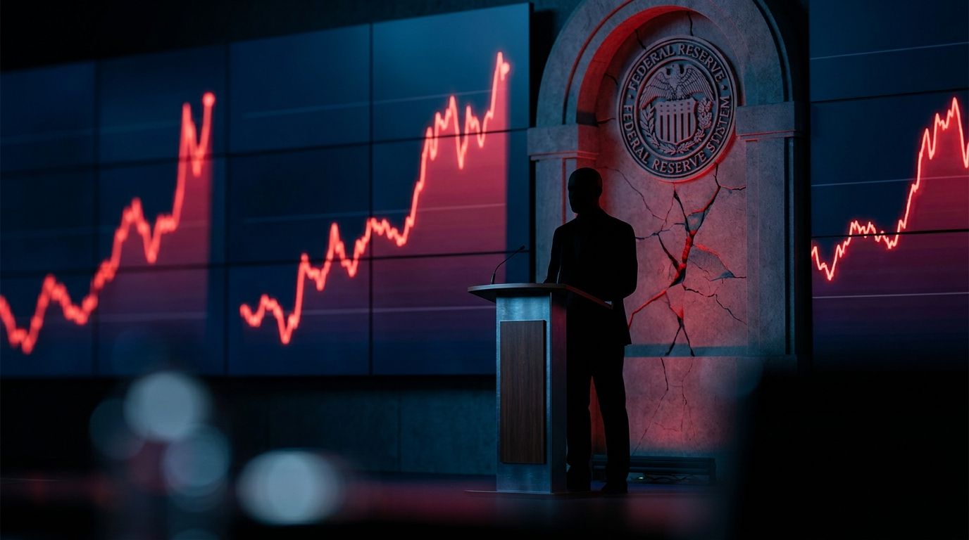 A stern, shadowy figure stands at a podium before a massive wall of fluctuating bond yield charts, with red upward-spiking lines dominating the display.