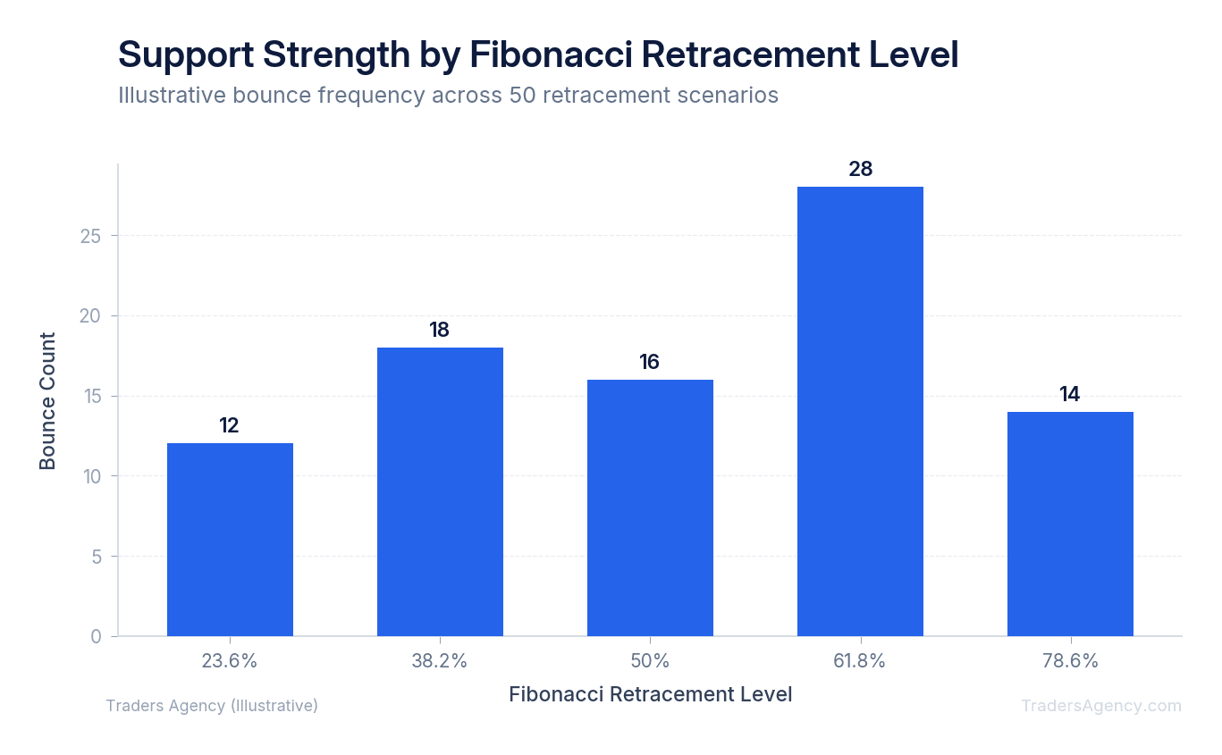 Bar chart showing the number of times price bounced at each Fibonacci retracement level across 50 sample trades