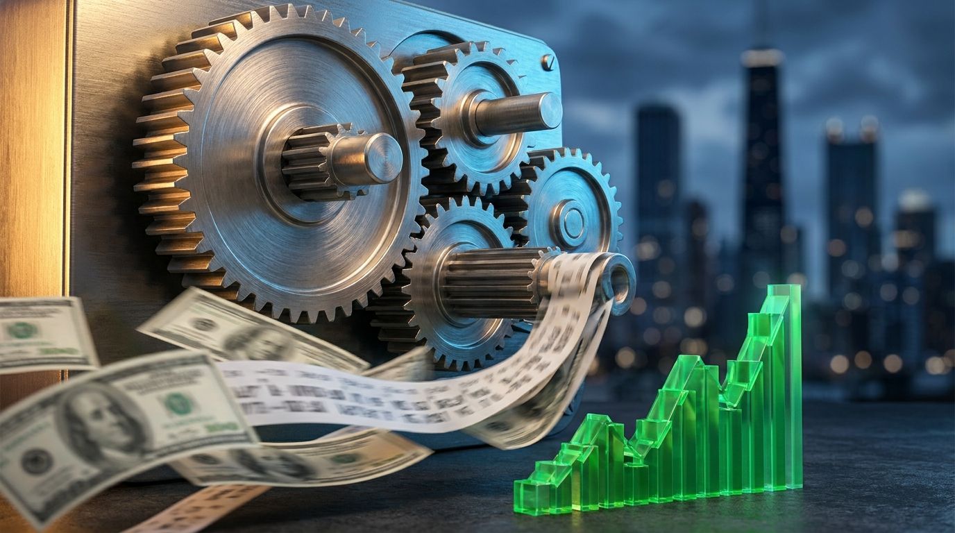 A massive mechanical gear or industrial machine made of gleaming metal gears and cogs, with streams of dollar bills and stock ticker symbols being funneled through it like a conveyor belt, set against a dark Wall Street backdrop with toweri