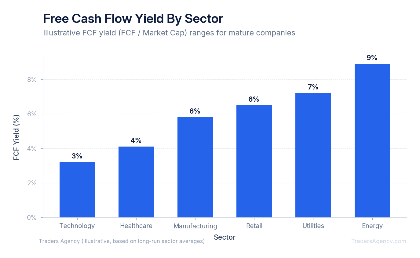 Bar chart showing typical FCF yield percentages across tech, manufacturing, and retail sectors