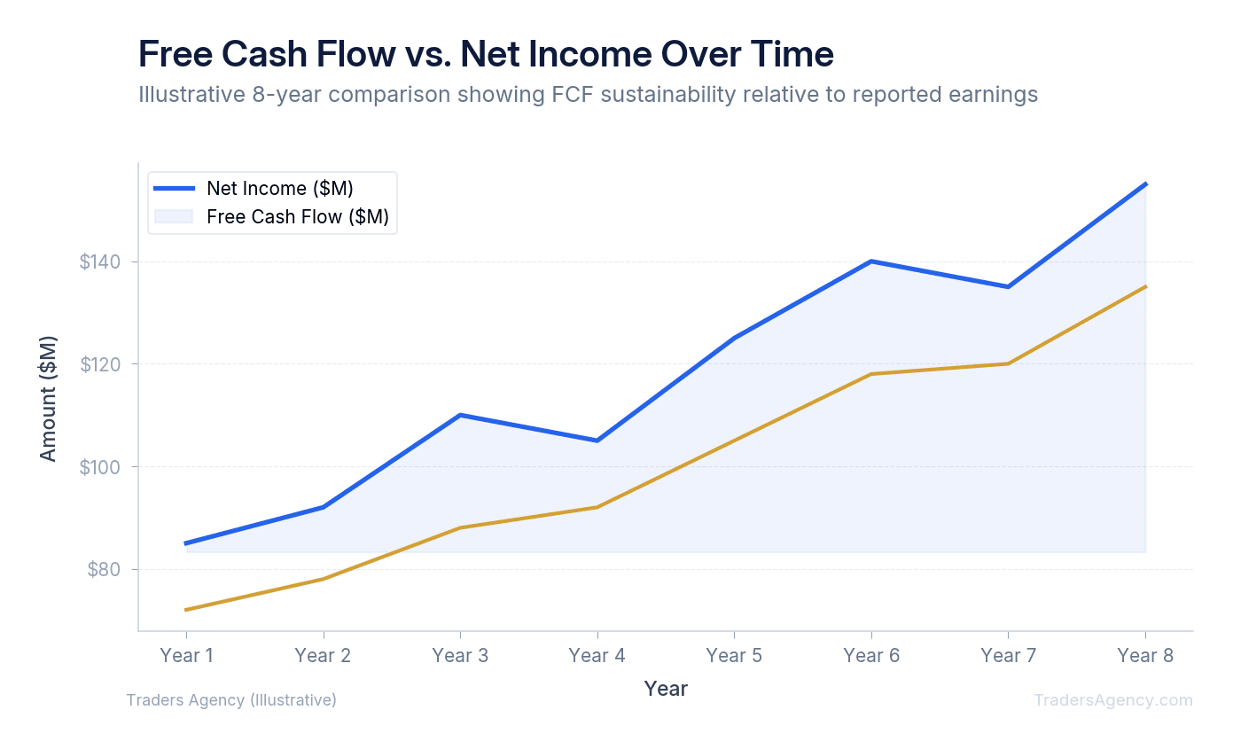 Multi-line chart comparing free cash flow and net income over 8 years, showing FCF as more stable and harder to manipulate