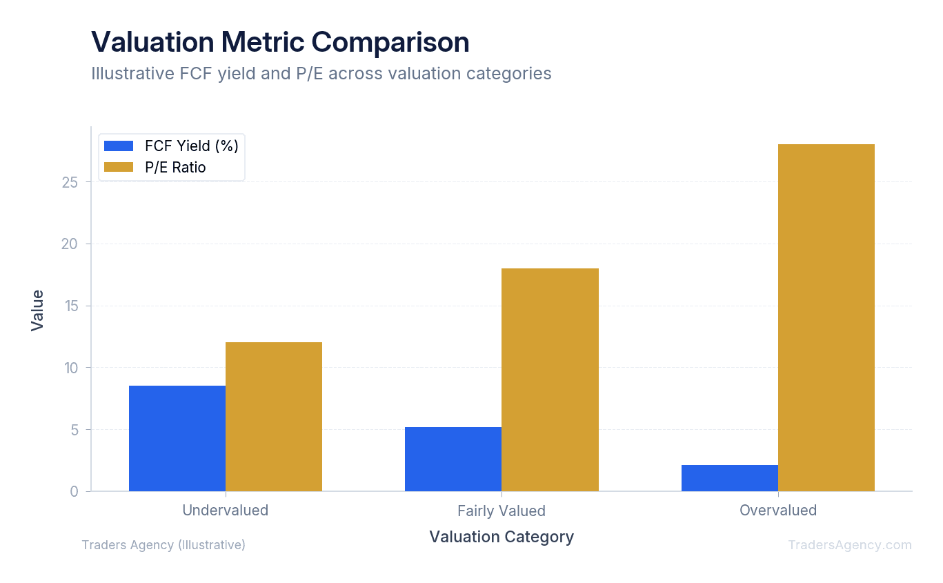 Bar chart comparing FCF yield and P/E ratio across undervalued, fairly valued, and overvalued companies