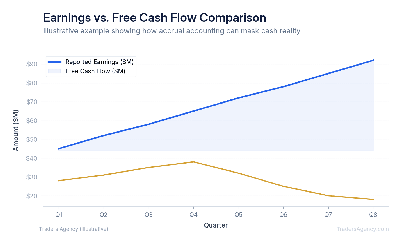 Multi-line chart showing reported earnings and free cash flow for a sample company diverging significantly over 8 quarters