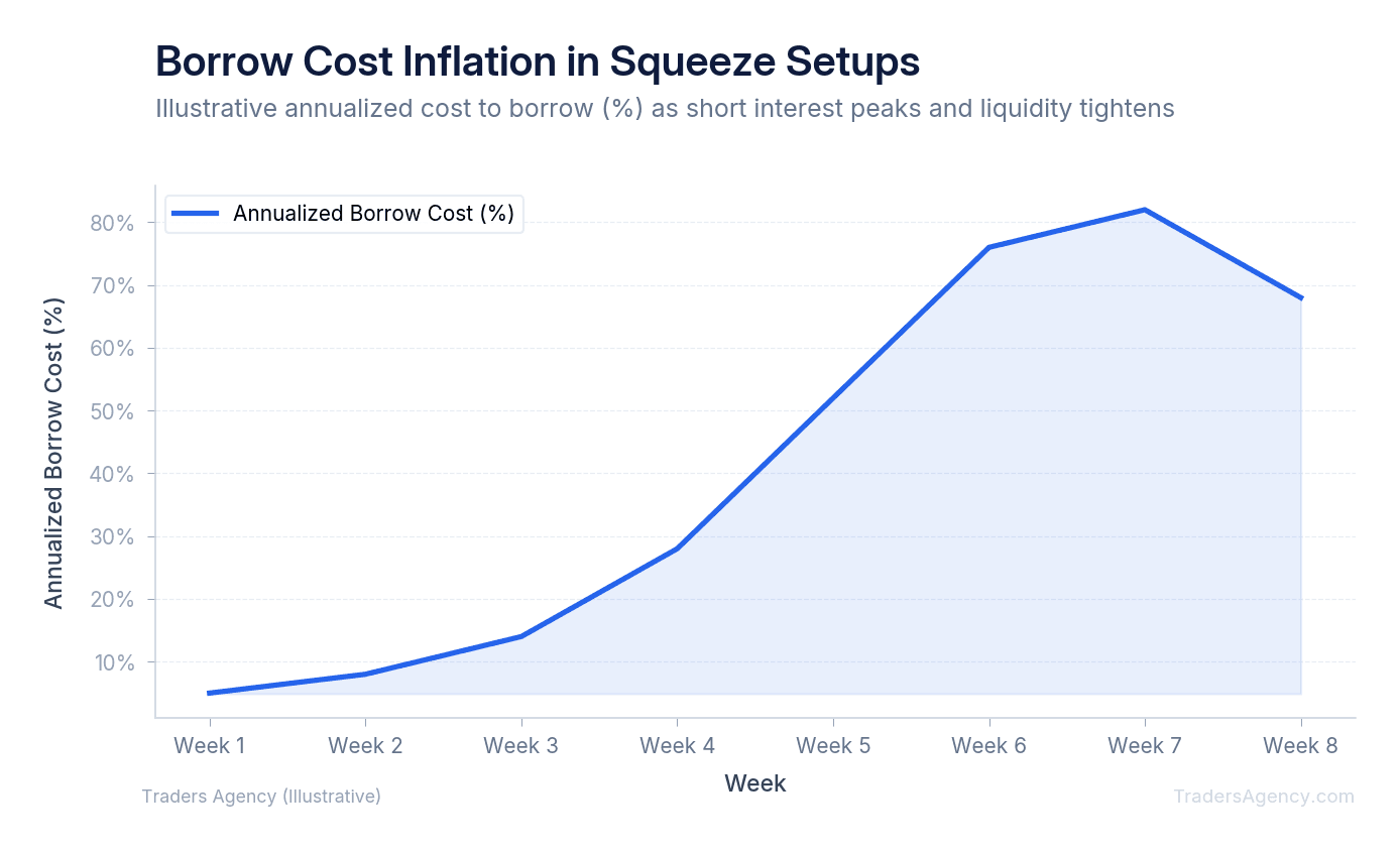 Line chart showing annualized borrow cost rising from 5% to 80% as short squeeze pressure builds