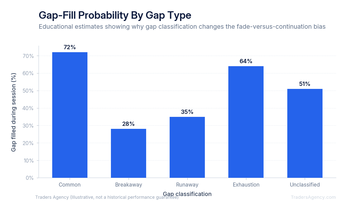 Bar chart comparing illustrative next-session gap-fill probabilities for common, breakaway, runaway, exhaustion, and unclassified gaps
