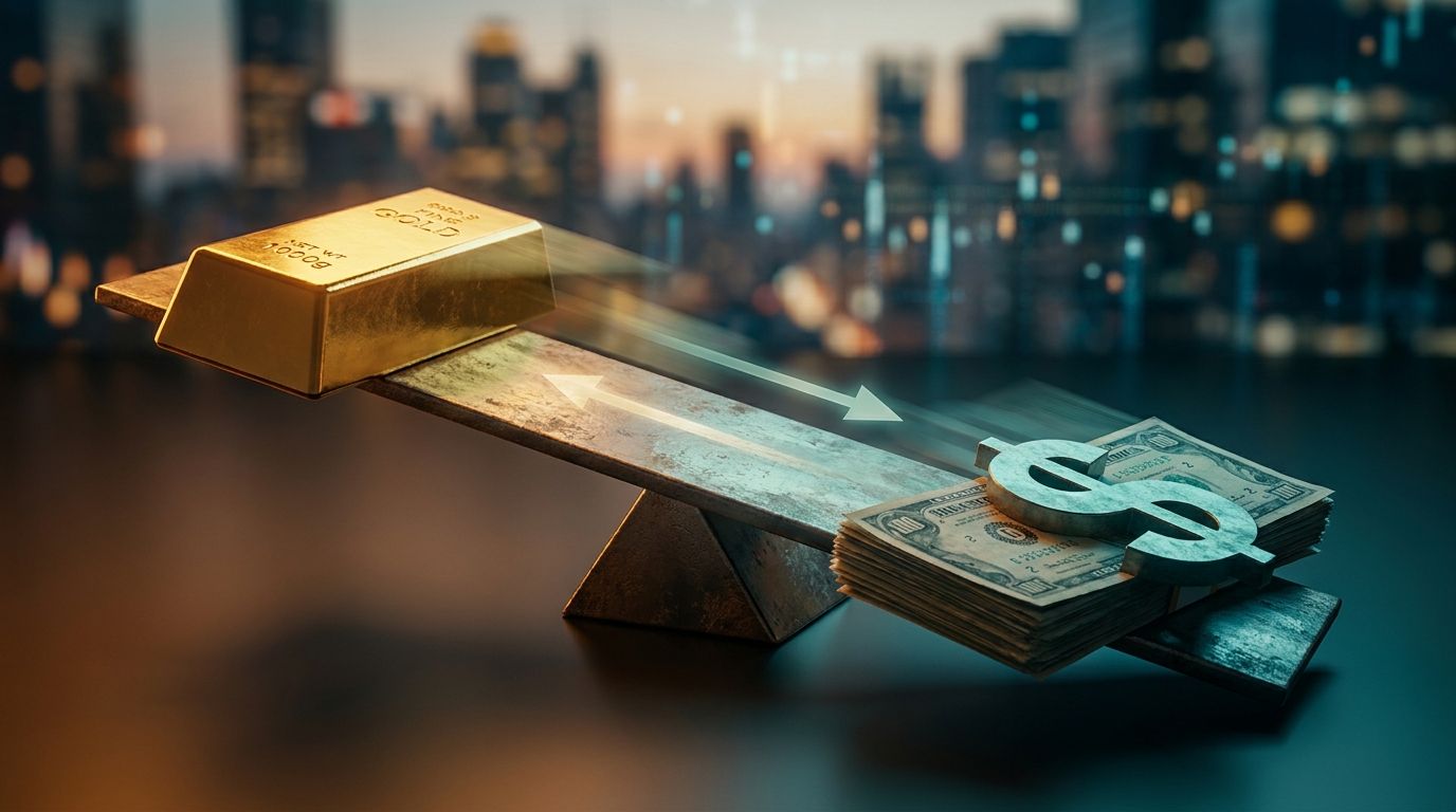 A split composition showing a gleaming gold bar on one side and a U.S.