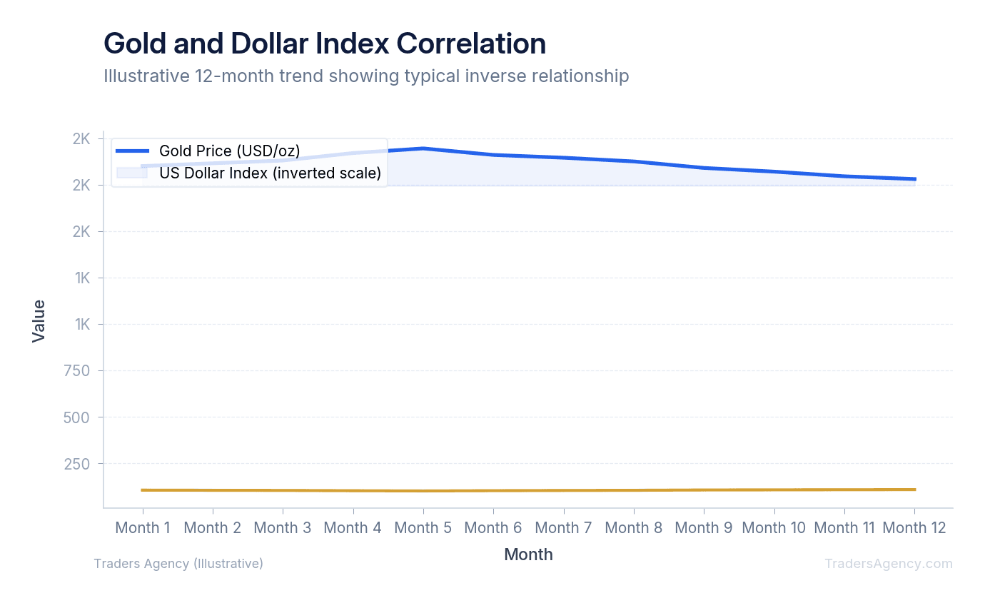 Multi-line chart showing gold price rising as US dollar index falls over a 12-month period