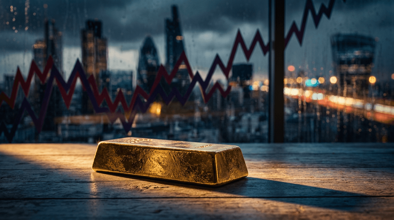 A gleaming gold bar or stack of gold coins sits prominently in the foreground, while a blurred background shows a stormy, turbulent financial skyline with crashing stock charts rendered in deep red.