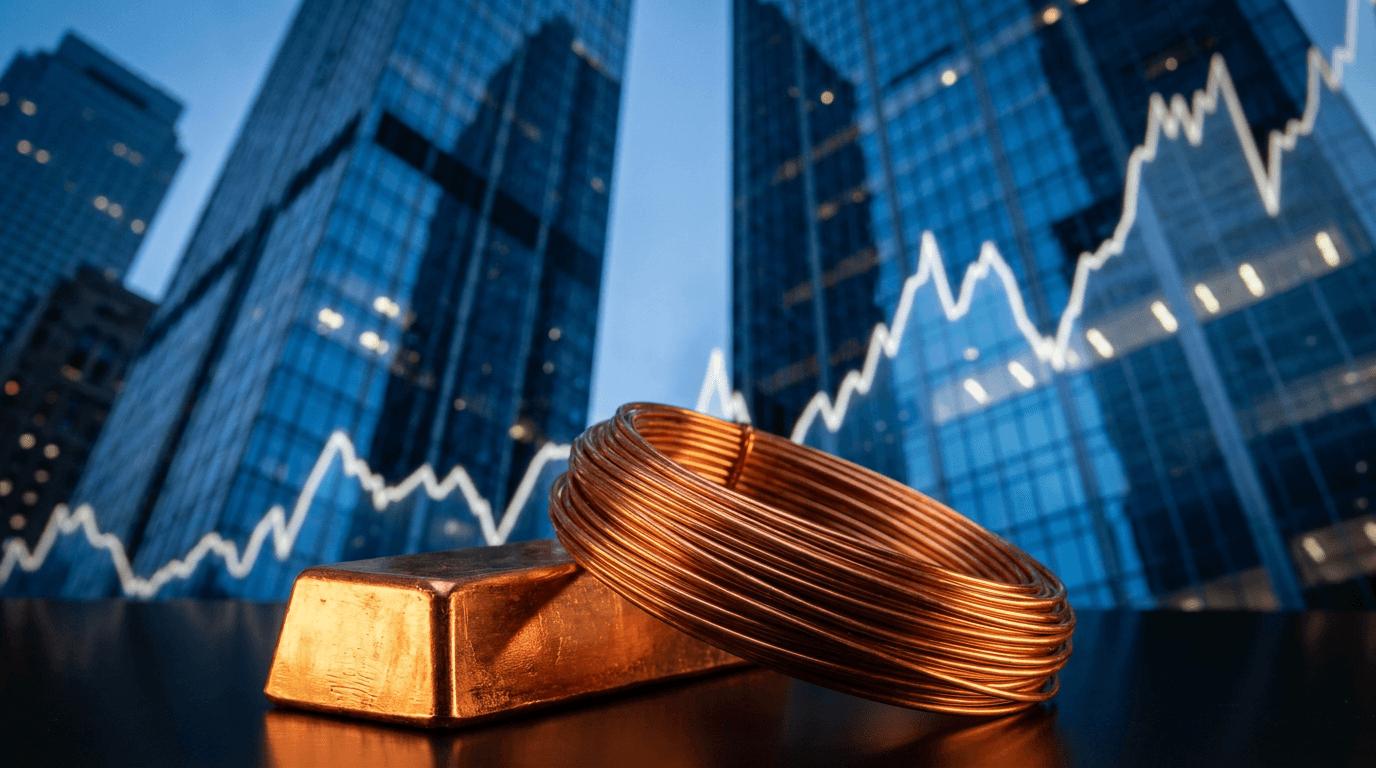 A gleaming copper ingot or coiled copper wire sits front and center, bathed in dramatic golden-orange light that emphasizes its rich metallic luster, with a sharply rising price chart graph reflected or overlaid in the background.