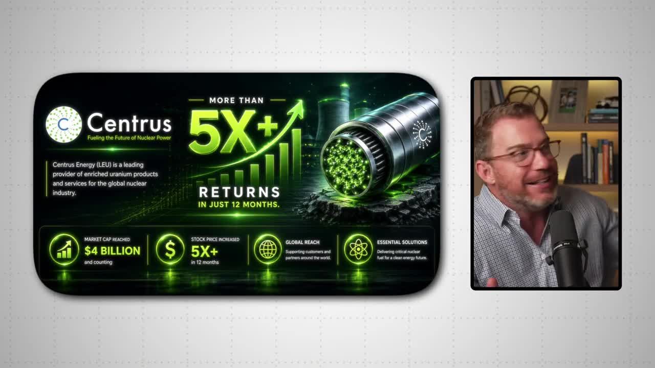 Centrus Energy (LEU) infographic showing 5X+ returns in 12 months, $4 billion market cap, and role as a leading enriched uranium provider