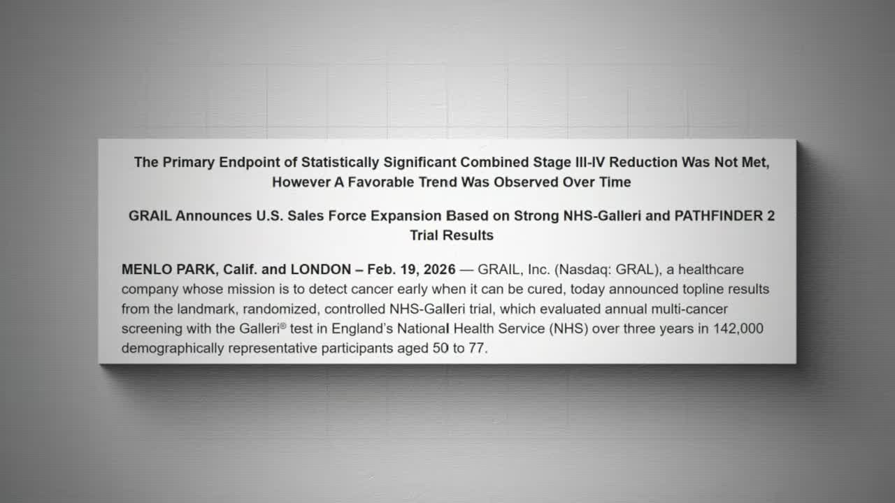 Press release excerpt from GRAIL stating the trial's primary endpoint of a statistically significant combined Stage III-IV reduction was not met
