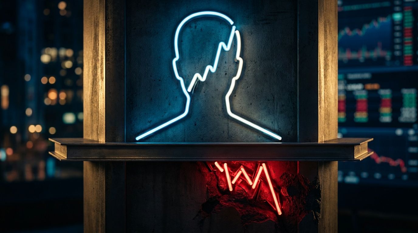 A dramatic stock chart line forms the unmistakable silhouette of a human head and two shoulders against a dark, moody background, with the neckline drawn as a sharp horizontal threshold.
