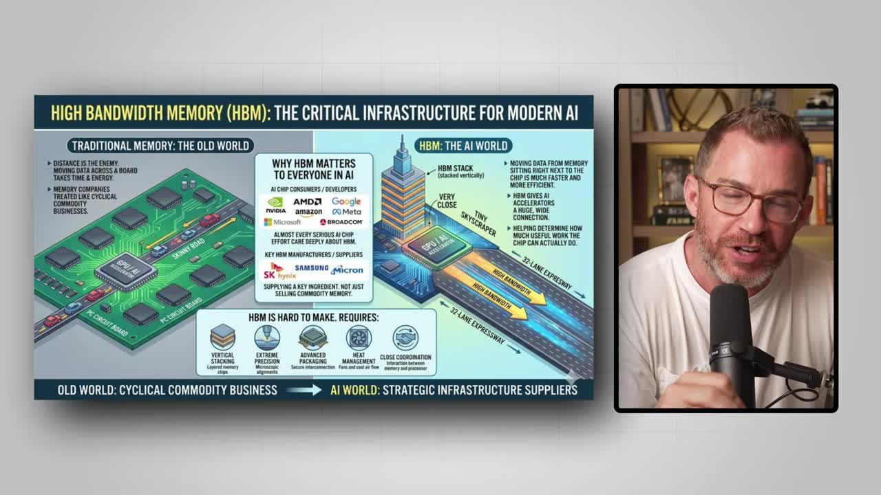 Infographic comparing Traditional Memory (Old World) vs High Bandwidth Memory (HBM: The AI World), showing why HBM matters to AI chip consumers including NVIDIA, AMD, Google, Amazon, Meta, Microsoft, and Broadcom, with key HBM manufacturers SK Hynix, Samsung, and Micron highlighted