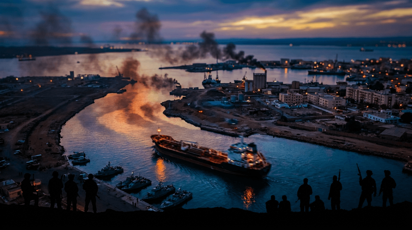 A dramatic aerial view of a Red Sea coastal port city at dusk, with plumes of smoke rising over harbor structures and a strategic strait visible in the distance, framed by silhouettes of military boats and armed fighters along the shoreline