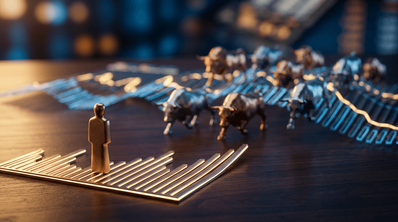A massive stampede of bulls charging across a stock market chart landscape, with a lone trader standing ahead of the herd at the leading edge of an upward-breaking trendline. The foreground trader is calm and positioned early, while the thundering crowd rushes in behind, visually capturing the concept of getting ahead of the herd mentality. Dynamic motion blur on the charging bulls contrasts with sharp focus on the breakout chart pattern beneath their hooves, reinforcing the power of spotting mo