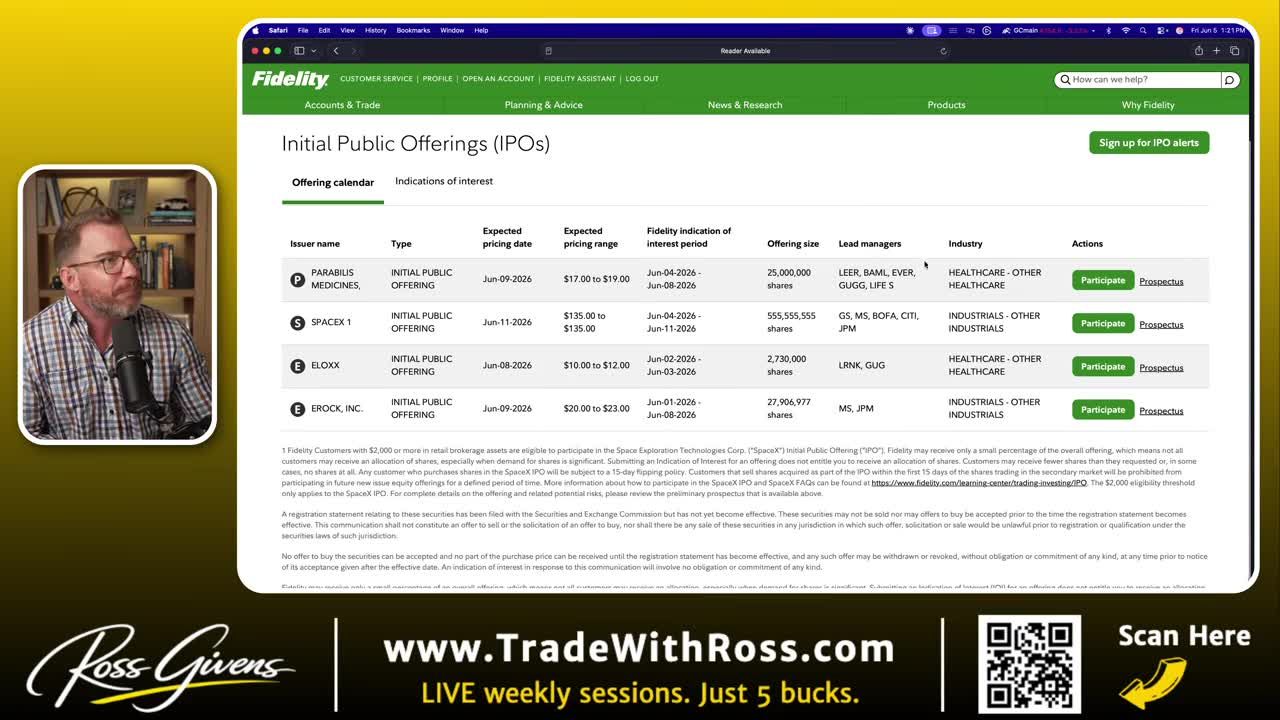 Fidelity IPO calendar showing SpaceX listed with 555,555,555 shares at $135.00, expected pricing date June 11, 2026, alongside other upcoming IPOs including Parabilus Medicines, Eloxx, and Erock Inc.