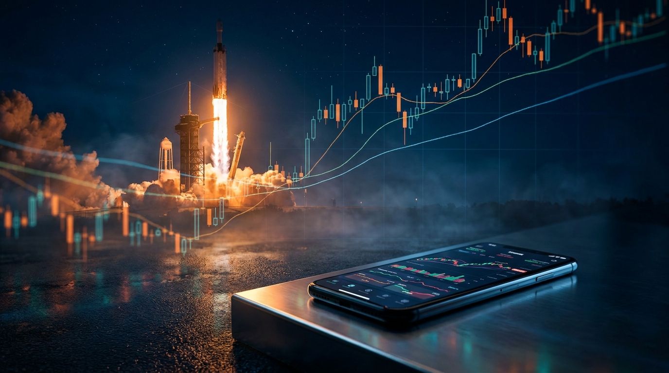 A SpaceX rocket launching dramatically against a dark sky, with stock market chart lines and candlestick patterns subtly overlaid or reflected in the foreground, blending space exploration with financial ambition.