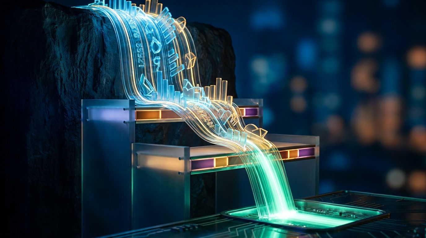 A sharp, downward-flowing waterfall made entirely of glowing financial data, bar charts, and numerical figures cascades from top to bottom against a dark background, visually representing the "earnings waterfall" concept.
