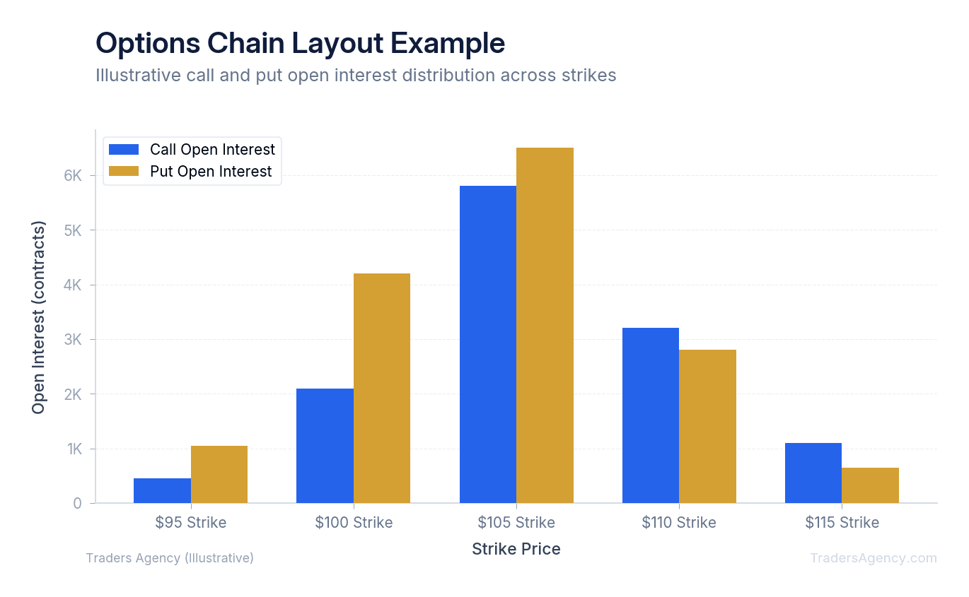 Bar chart comparing call and put open interest across strike prices, showing higher volume near the money