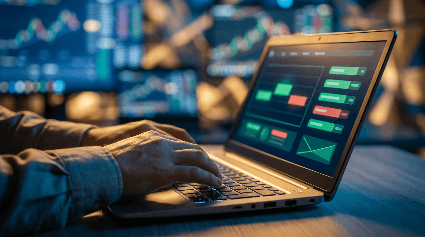 A close-up shot of a trader's hands hovering over a laptop keyboard, with a glowing trading platform screen displaying a clean, organized list of stock tickers with green and red price indicators.