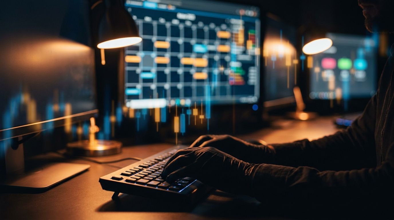 A close-up of a trader's hands hovering over a keyboard with a large digital calendar or scheduling interface glowing on a monitor in the background, overlaid with candlestick chart patterns and market data.