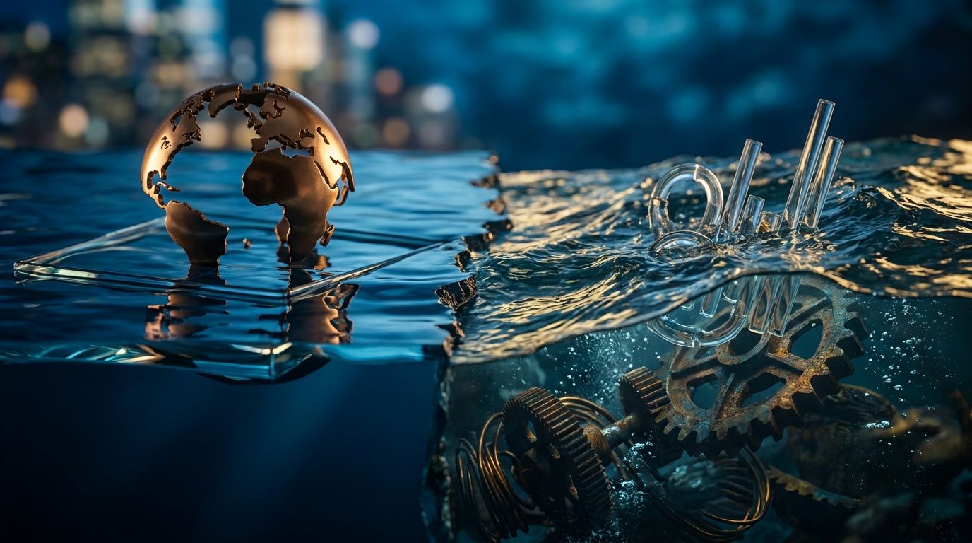 A split-image concept showing a deceptively calm ocean surface on one side contrasting with a violently turbulent underwater scene on the other, with dramatic currents and churning chaos beneath the waterline. The above-water portion appears serene and blue, while below reveals intense, swirling forces pulling in multiple directions. This visual metaphor immediately communicates hidden volatility lurking beneath an outwardly stable market surface.