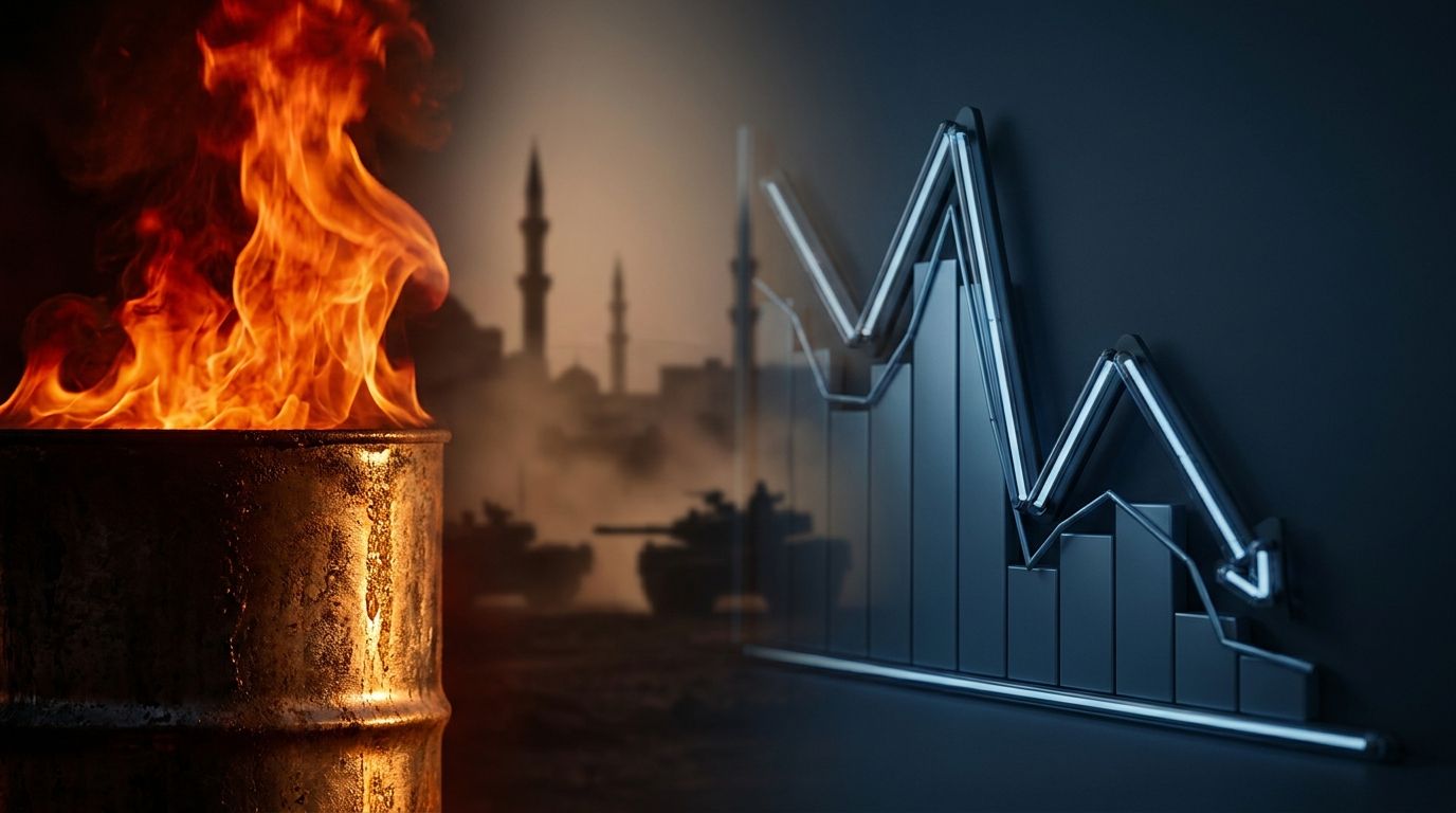 A split-screen composition showing a dramatic upward-surging oil barrel or flame on one side, bathed in intense orange and red tones, contrasted against a downward-trending stock market graph or falling Dow ticker on the other side in cool