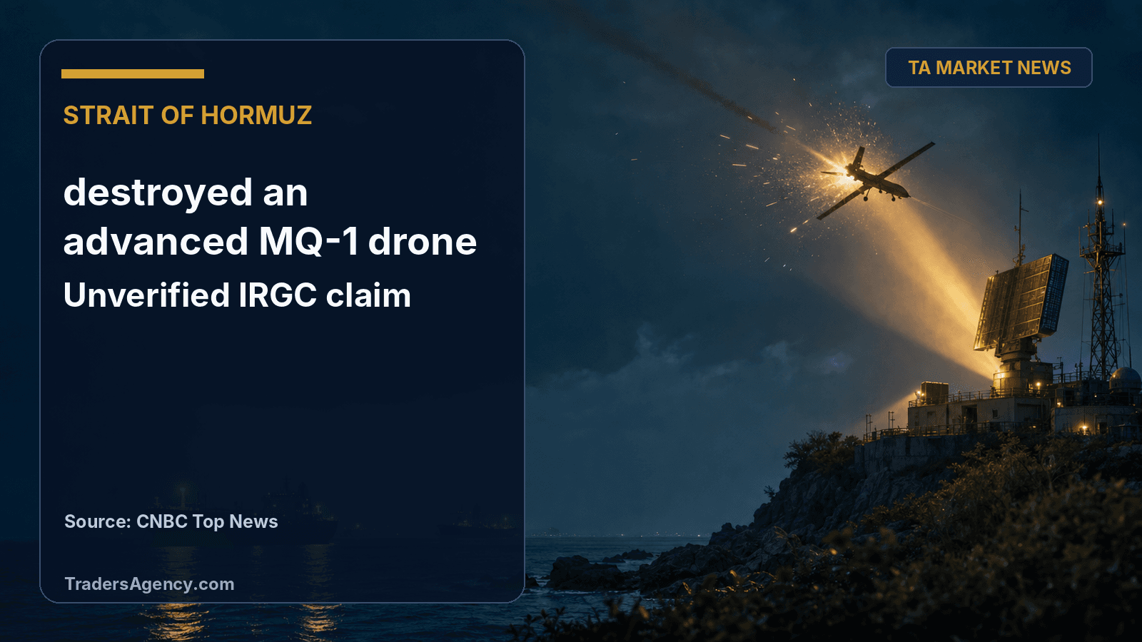Editorial illustration of a drone silhouette caught in air-defense light over a dark strait at night, with tankers in the distance.