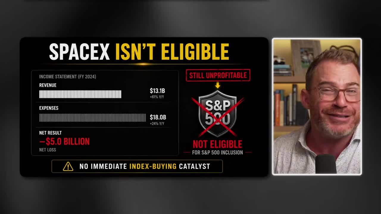 Infographic showing SpaceX net loss of $5.0B, marking it ineligible for S&P 500 inclusion