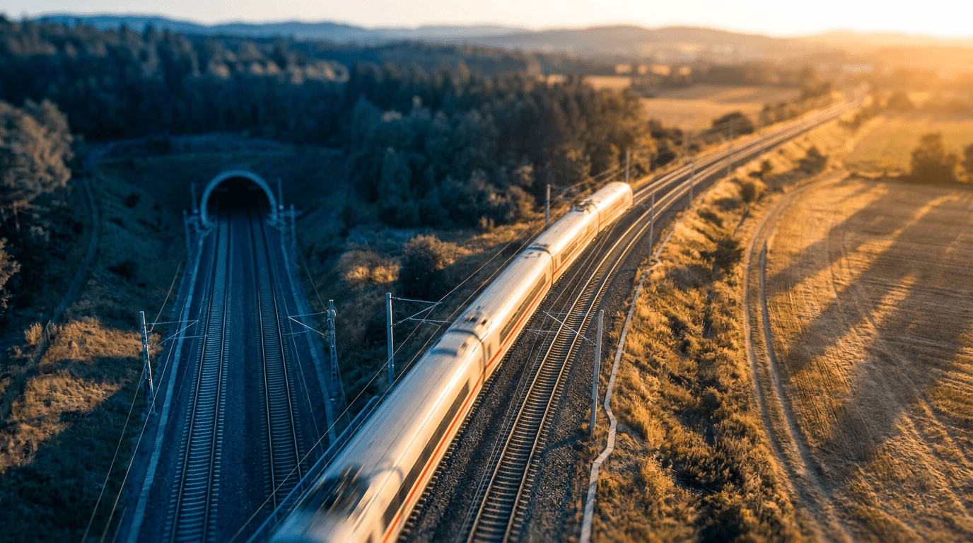A dramatic aerial view of a speeding train approaching a fork in the tracks, with one path leading into a dark tunnel and the other branching off into open, sunlit terrain. The image captures the critical moment of decision — staying on a fading momentum trade versus jumping to a new opportunity. The contrast between shadow and light visually reinforces the article's core message about recognizing a market top and knowing when to pivot.