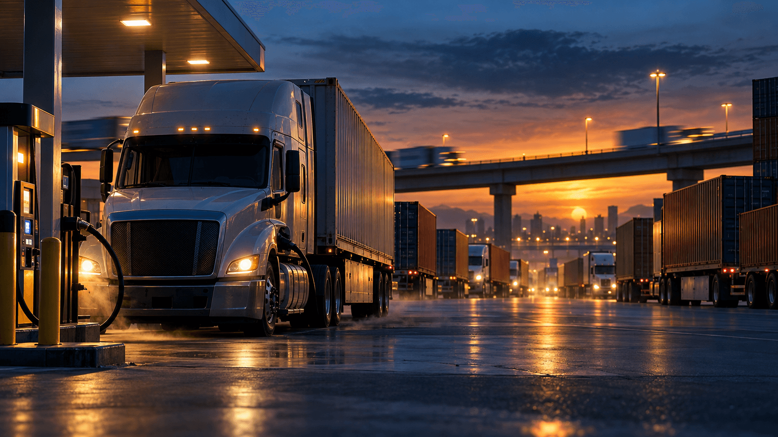 Wide dusk highway scene of intermodal trucks and stacked shipping containers near a logistics yard, with one truck refueling in the foreground, symbolizing rising freight costs amid strong demand.