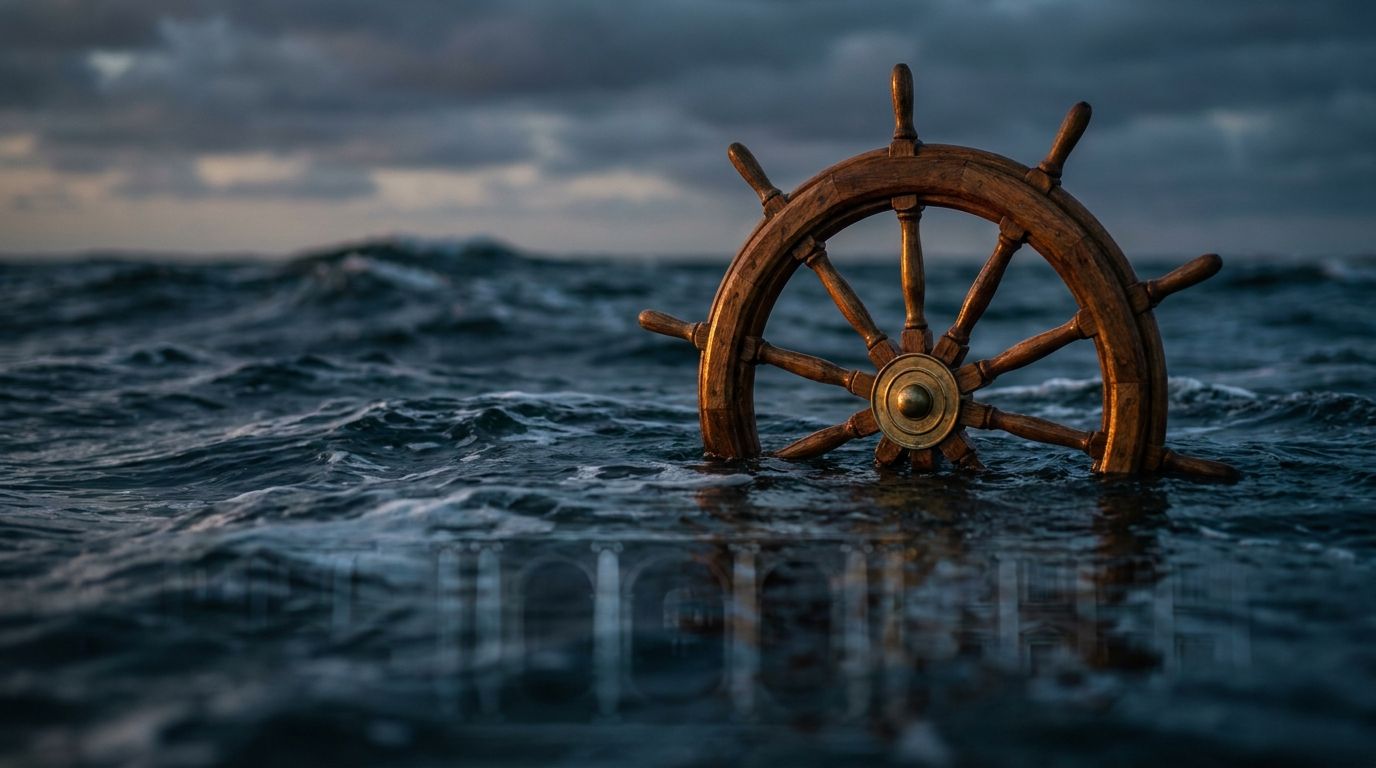 A stern, authoritative figure stands at the helm of a massive ship's wheel, navigating through choppy, uncertain waters under a dramatic, overcast sky.