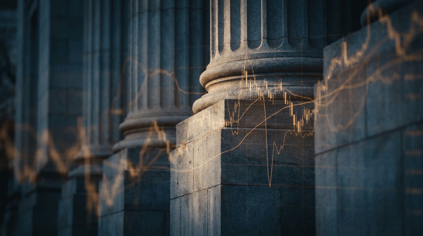 A close-up shot of the Federal Reserve building's neoclassical stone facade with its imposing columns, slightly underexposed to create a sense of tension and uncertainty.