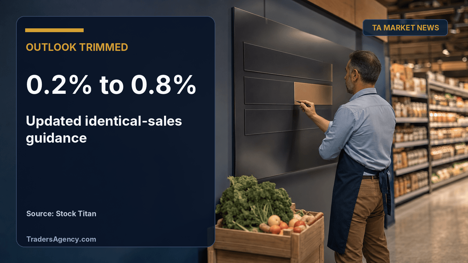 Illustration of a store manager adjusting a percentage guidance range on a digital board in a grocery aisle.