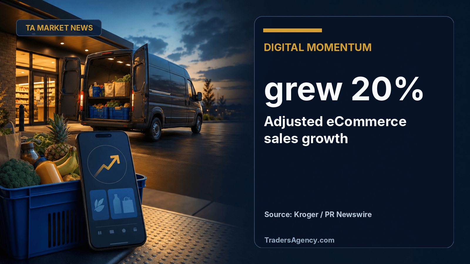 Illustration of a grocery delivery van and a smartphone app icon representing eCommerce growth.
