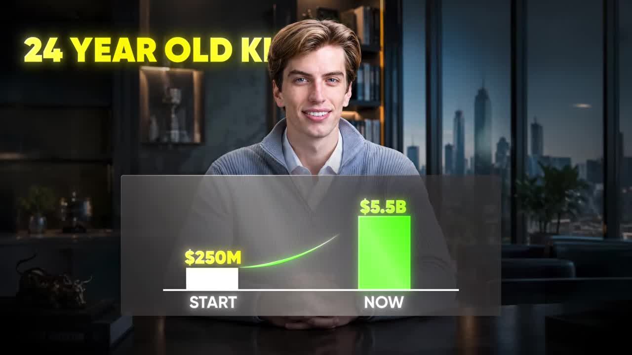 Bar chart showing growth from $250M starting capital to $5.5B current value, with a young man (described as Leopold Aschenbrenner) smiling in the background