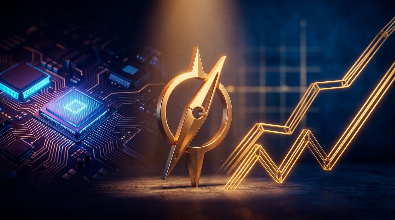 A young, sharply-dressed figure stands confidently at the center of a dramatic split scene — on one side, glowing AI microchips and circuit boards fade into shadow, while on the other side, two bright ascending stock chart lines surge upwar