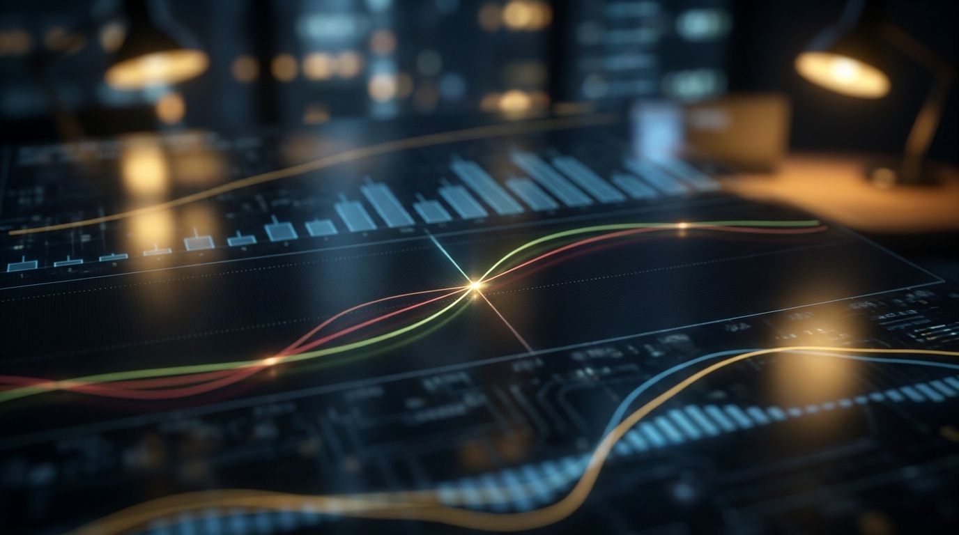 A close-up of a trading chart displayed on a dark screen, with the MACD indicator panel prominently visible below the price candlesticks, showing two diverging colored lines crossing each other at a clear intersection point.