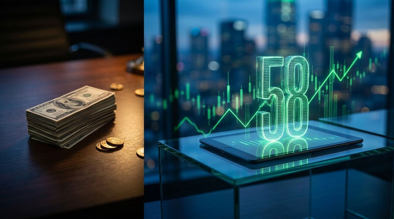 A split-composition image showing a confident investor at a trading terminal, with one side displaying a modest stack of physical cash and the other side revealing a dramatically larger glowing digital buying power figure, visually illustra