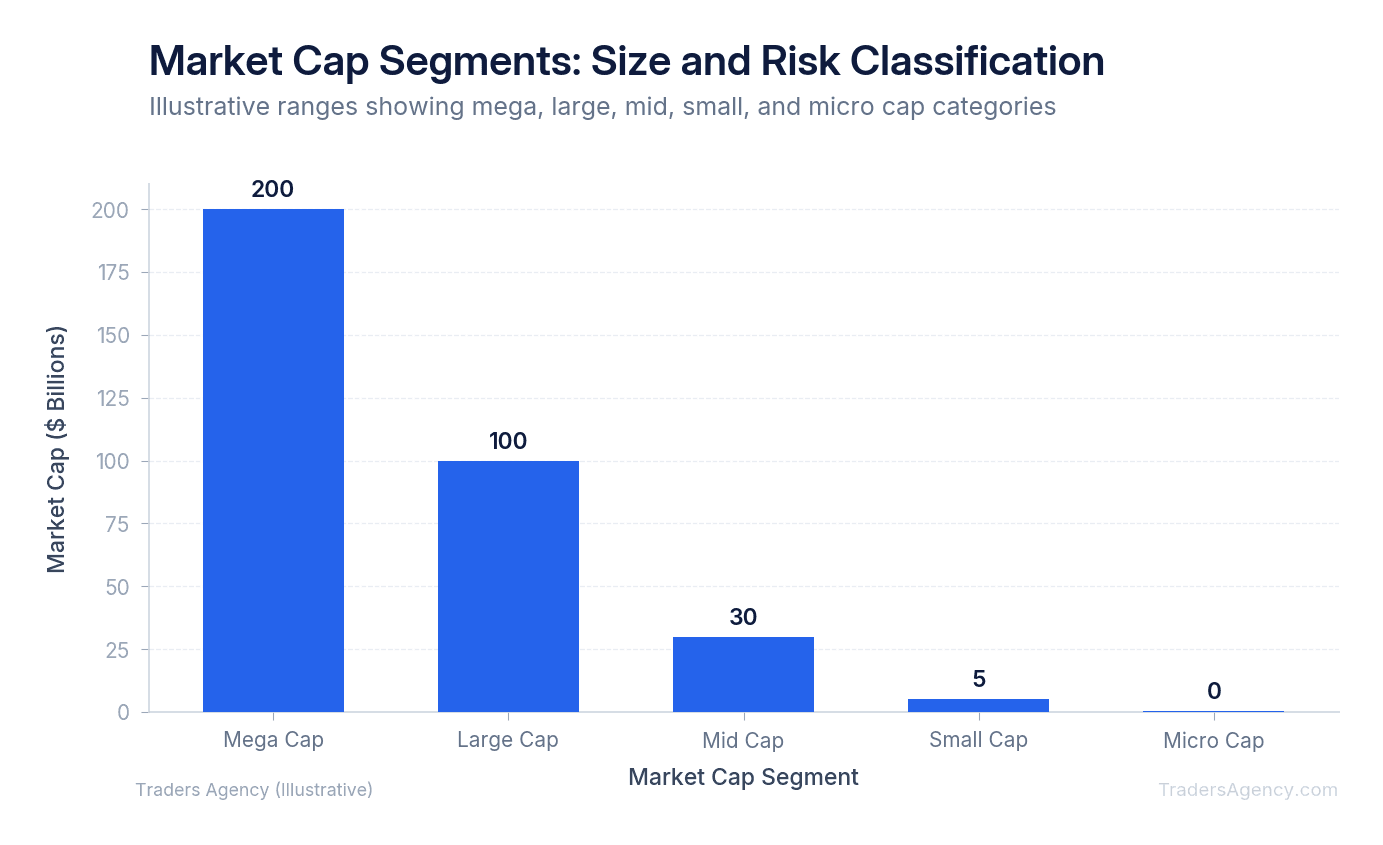 Bar chart showing five market cap categories from mega cap to micro cap with corresponding market cap ranges and risk levels