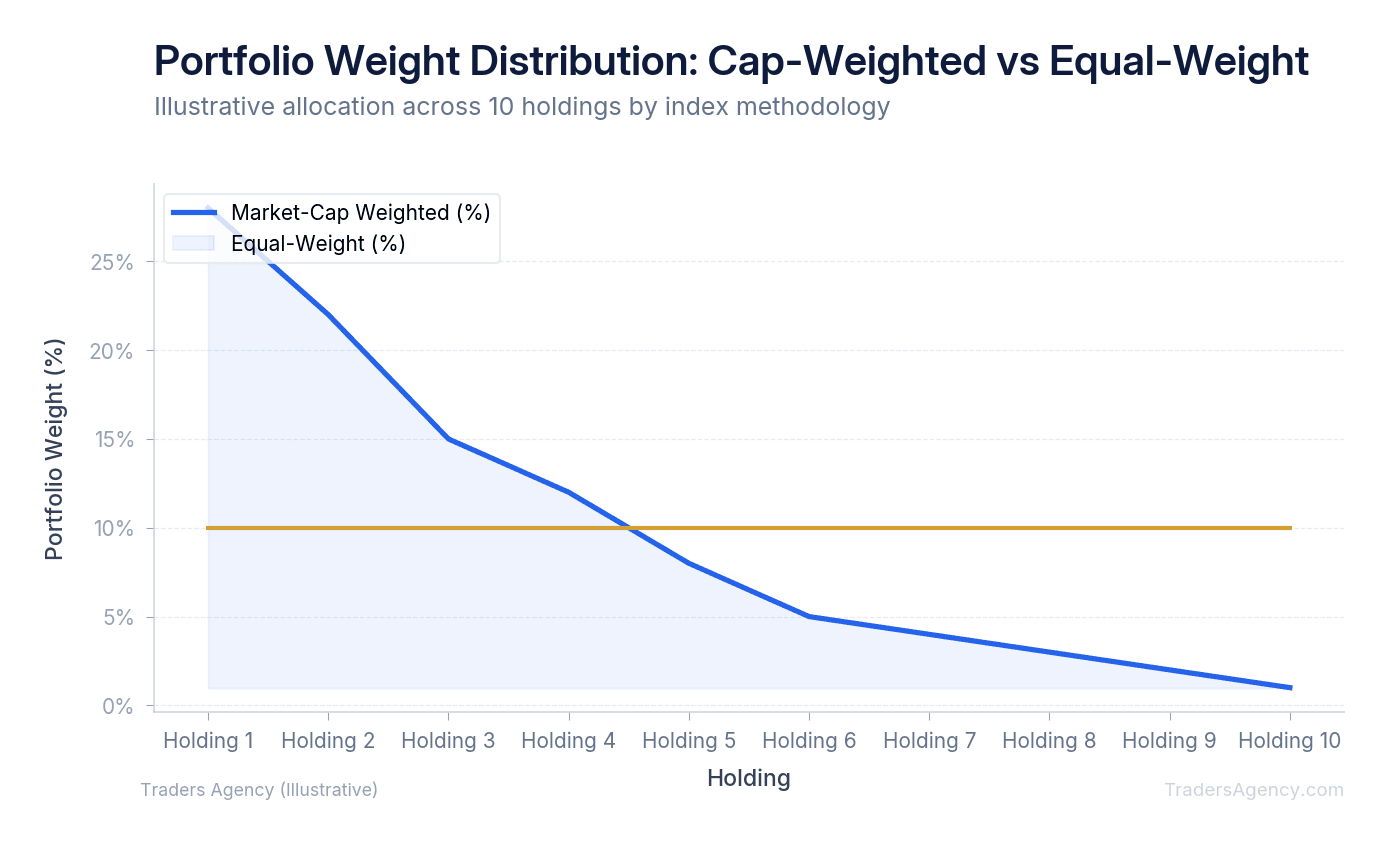 Multi-line chart showing how market-cap weighted index concentrates in mega caps while equal-weight index distributes evenly across all holdings
