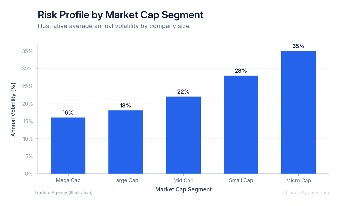 Bar chart showing average annual volatility increasing from mega cap to micro cap stocks