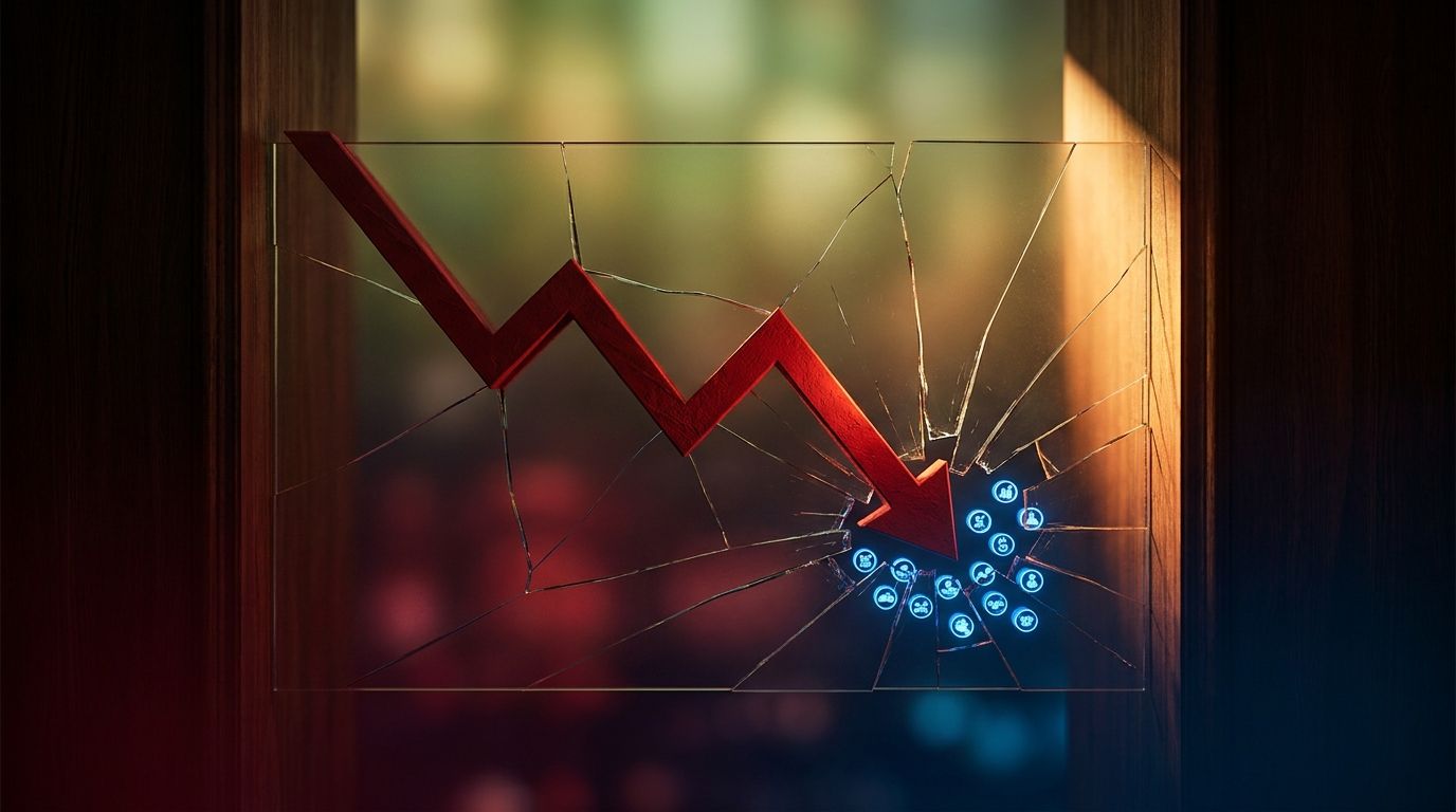 A dramatic downward-plunging stock market graph rendered in deep red fills the frame, with the sharp decline arrow casting a long shadow over a cluster of glowing blue chip stock icons representing mega-cap concentration.
