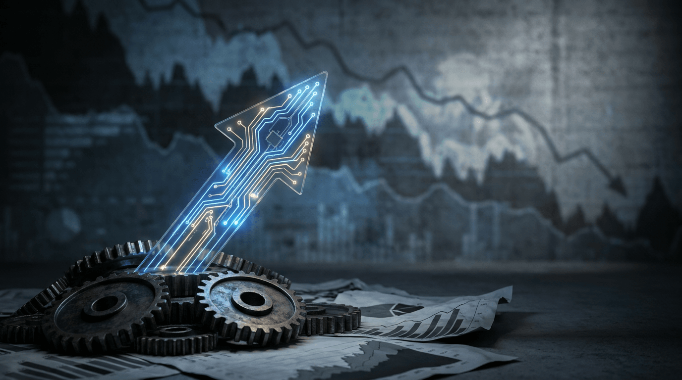A sleek, upward-soaring rocket or arrow made of glowing circuit board patterns bursts through a dark, stormy sky filled with flat or declining chart lines representing the broader market.